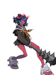 Rule 34 | 1girl, animal print, aqua nails, black shirt, black skirt, blue eyes, club, club (weapon), colored sclera, colored skin, fangs, highres, holding club, holding weapon, kokonotsunbai, long sleeves, nail polish, neckerchief, open mouth, orange neckerchief, original, pleated skirt, print neckerchief, red skin, shirt, simple background, skirt, smile, solo, spiked club, tiger print, toeless footwear, weapon, white background, white footwear, yellow sclera