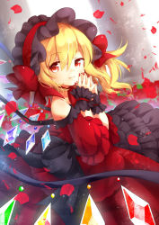 Rule 34 | 1girl, alternate costume, asymmetrical hair, blonde hair, bonnet, bow, dress, fang, fang out, flandre scarlet, gothic lolita, hair bow, hairband, lolita fashion, lolita hairband, looking at viewer, mimi (mimi puru), nail polish, own hands together, petals, red dress, red eyes, red nails, sash, side ponytail, solo, steepled fingers, touhou, wings, wrist cuffs