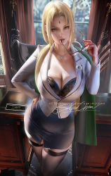 Rule 34 | 1girl, american flag, artist name, blonde hair, bra, breasts, chair, character name, cleavage, desk, unworn eyewear, glasses, holding, holding removed eyewear, indoors, large breasts, lips, long hair, looking at viewer, naruto (series), office, office lady, pencil skirt, sakimichan, signature, skirt, solo, thighhighs, tsunade (naruto), underwear, yellow eyes