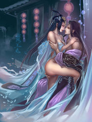 Rule 34 | 1boy, 1girl, ass, bare shoulders, black hair, character request, cony (comicsun), curtains, dress, from side, hair ornament, hand on another&#039;s ass, jian xia qing yuan (series), jianxia qingyuan (series), jianxia qingyuan online 3, lantern, long hair, night, panties, rooftop, underwear, upper body, white dress