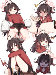 Rule 34 | 1girl, ahoge, black hair, black shorts, blue archive, blush stickers, chibi, coat, demon girl, demon horns, demon tail, fang, hair intakes, halo, highres, horns, kasumi (blue archive), long hair, looking at viewer, looking back, looking down, looking up, miaoema, multiple views, open clothes, open coat, panties, question mark, red shirt, scared, school uniform, shaded face, shirt, shorts, shy, simple background, smile, smug, sweat, tail, underwear, white background, yellow eyes