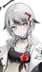 1girl black_choker black_hair cardigan choker closed_mouth crop_top grey_cardigan grey_eyes grey_hair highres indie_virtual_youtuber midriff multicolored_hair open_cardigan open_clothes sini42 solo soyoong_jun streaked_hair upper_body virtual_youtuber