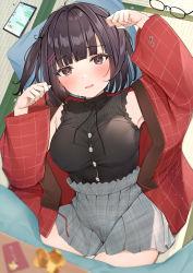 Rule 34 | 1girl, absurdres, bed sheet, black camisole, black shirt, blouse, blunt bangs, blurry, blurry foreground, blush, bob cut, breasts, brown eyes, camisole, card, cellphone, clenched hands, dutch angle, unworn eyewear, food, fruit, grey skirt, hair ornament, hairclip, half-closed eyes, highres, indoors, japanese clothes, large breasts, long sleeves, looking at viewer, lying, medium hair, miniskirt, motion lines, on back, on floor, open mouth, orange (fruit), original, phone, fake phone screenshot, pillow, pleated skirt, purple hair, shirt, skirt, sleeveless, sleeveless shirt, smartphone, solo, sound effects, sunlight, table, tatami, uiri-na, wide sleeves