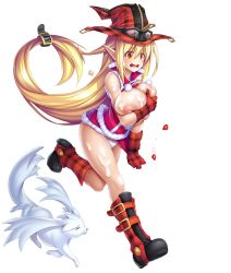 Rule 34 | 1girl, asahi, bare legs, blonde hair, blush, breast hold, breasts, christmas, creature, curvy, dress, female focus, full body, grabbing, happy, hat, highres, huge breasts, lilith-soft, long hair, magical girl lilith, moaning, nipples, no bra, open mouth, orange eyes, panties, puffy nipples, running, shiny skin, simple background, smile, taimanin (series), taimanin asagi, taimanin rpgx, tears, underwear, very long hair, white background