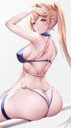 Rule 34 | 1girl, :o, absurdres, arm up, armpits, ass, back, bare arms, bare shoulders, bikini, blonde hair, blue bikini, blue eyes, blush, bradamante (fate), bradamante (third ascension) (fate), braid, breasts, fate/grand order, fate (series), from behind, hair intakes, highres, kisaki oni, long hair, looking at viewer, looking back, medium breasts, mismatched bikini, parted lips, sideboob, simple background, sitting, solo, swimsuit, thigh strap, twintails, very long hair, white background, white bikini