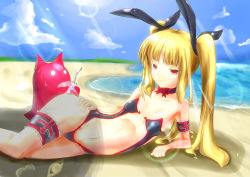 Rule 34 | 1girl, arc system works, bad id, bad pixiv id, beach, blazblue, blonde hair, casual one-piece swimsuit, flat chest, gii, highres, bridal garter, lens flare, long hair, lying, nagisa (imizogami), navel, on side, one-piece swimsuit, rachel alucard, red eyes, solo, sun, swimsuit, twintails