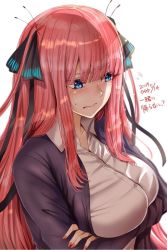 Rule 34 | 1girl, arms under breasts, black ribbon, blue eyes, blunt bangs, blush, breasts, closed mouth, collared shirt, commentary request, crossed arms, go-toubun no hanayome, hair ornament, hair ribbon, highres, hoshi san 3, large breasts, long hair, long sleeves, nail polish, nakano nino, pink hair, purple sweater, ribbon, shirt, solo, sweatdrop, sweater, translation request, white shirt
