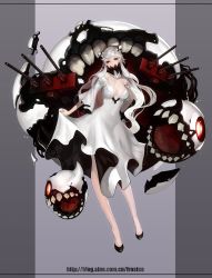 Rule 34 | 10s, 1girl, absurdres, abyssal ship, albino, bare shoulders, black footwear, center opening, collarbone, dress, female focus, frostce, full body, highres, kantai collection, lips, long hair, long sleeves, looking at viewer, midway princess, red eyes, shoes, solo, teeth, turret, very long hair, white dress, white hair, wide sleeves