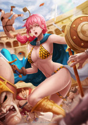 Rule 34 | 1girl, 6+boys, abs, arena, armor, armpits, artist name, bald, battle, bikini armor, black hair, blue cape, blue sky, braid, breasts, broken, broken sword, broken weapon, brown hair, cape, cleavage, cloud, cloudy sky, colosseum, convenient leg, day, debris, deviantart username, dressrosa, flail, flying, gladiator, gladiator, gloves, helmet, lens flare, long hair, mace, magion02, matching hair/eyes, medium breasts, missing tooth, mohawk, morning star, multi-tied hair, multiple boys, muscular, navel, one piece, pink eyes, pink hair, rebecca (one piece), shield, signature, sky, solo focus, spiked helmet, sweat, sword, toned, topless male, vambraces, watermark, weapon, web address