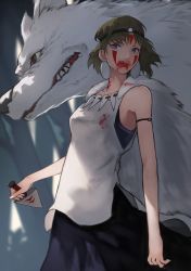 Rule 34 | 1girl, absurdres, animal, bare arms, bare shoulders, brown hair, earrings, facepaint, facial mark, food, food on face, highres, holding, holding weapon, jewelry, mononoke hime, necklace, san (mononoke hime), sharp teeth, short hair, skirt, solo, teeth, tooth necklace, weapon, wolf, yoshio (55level)