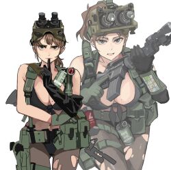 Rule 34 | 1girl, ammunition pouch, assault rifle, bikini, bikini top only, black bikini, blue eyes, breasts, brown hair, brown pantyhose, clenched teeth, colt commando, cowboy shot, flashbang, flashlight, gloves, green eyes, green gloves, gun, highres, holding, holding gun, holding weapon, holster, knife, korean text, large breasts, load bearing equipment, looking ahead, metal gear (series), metal gear solid v: the phantom pain, mole, mole on breast, muzzle device, night vision device, open mouth, pantyhose, pouch, quiet (metal gear), rifle, sanpaku, simple background, smoke grenade, solo, swimsuit, teeth, thigh holster, torn clothes, torn pantyhose, wani (perfect han), weapon, white background