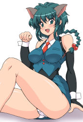 Rule 34 | 1girl, :d, animal ears, aqua eyes, aqua hair, arm at side, bare shoulders, blue skirt, blue vest, blush, braid, breasts, bridal gauntlets, cat ears, collared shirt, eyebrows, fang, hair between eyes, hair bobbles, hair ornament, hand up, highres, hyper police, impossible clothes, kihaiu, long hair, looking at viewer, medium breasts, miniskirt, necktie, open mouth, panties, paw pose, pencil skirt, red necktie, sasahara natsuki (hyper police), shirt, sidelocks, single braid, sitting, skirt, sleeveless, smile, solo, thighs, underwear, vest, white panties, white shirt, wrist cuffs