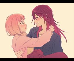 Rule 34 | 2girls, ^ ^, bang dream!, blush, breast pocket, carrying, closed eyes, green eyes, grin, hand on another&#039;s shoulder, jacket, letterboxed, long hair, long sleeves, looking at another, low twintails, multiple girls, pink hair, pink jacket, pocket, princess carry, re ghotion, red hair, shirt, smile, teardrop, twintails, udagawa tomoe, uehara himari, upper body, yellow background, yellow shirt, yuri