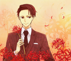 Rule 34 | 1boy, breast pocket, brown eyes, brown hair, brown jacket, brown necktie, brown suit, brown theme, brown vest, buttons, collared shirt, commentary, dress shirt, fingernails, flower, formal, holding, holding flower, jacket, joker game, kingyo (984), lapels, light brown background, long sleeves, looking to the side, male focus, miyoshi (joker game), necktie, petals, pocket, red flower, spider lily, shirt, short hair, sideways glance, smile, solo, spider lily, suit, tsurime, upper body, vest, waistcoat, white shirt