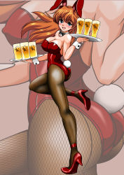 Rule 34 | 1girl, animal ears, artist request, ass, ass focus, bare shoulders, beer mug, blue eyes, bow, bowtie, breasts, brown hair, cup, curvy, detached collar, fake animal ears, full body, hair ornament, high heels, highres, huge ass, jumping, large breasts, leotard, long hair, looking back, medium breasts, mug, neon genesis evangelion, open mouth, pantyhose, playboy bunny, rabbit ears, red leotard, skindentation, souryuu asuka langley, tube, wide hips, wrist cuffs, zoom layer