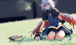 Rule 34 | 1girl, absurdres, bird wings, black capelet, blurry, blurry background, book, capelet, closed mouth, highres, horns, looking at viewer, multicolored hair, outdoors, red eyes, red wings, sancking (fatekl), seiza, short hair, short sleeves, sitting, solo, streaked hair, tokiko (touhou), touhou, white hair, wings
