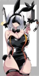 Rule 34 | 1girl, 2b (nier:automata), animal ears, black blindfold, black bow, black bowtie, black leotard, blindfold, bow, bowtie, breasts, cleavage, closed mouth, collar, copyright name, detached collar, fake animal ears, fishnet thighhighs, fishnets, highleg, highleg leotard, highres, katana, kinakomochi (user vedc2333), large breasts, leotard, mole, mole under mouth, nier:automata, nier (series), playboy bunny, pod (nier:automata), rabbit ears, rabbit tail, side-tie leotard, strapless, strapless leotard, sword, tail, thighhighs, v, weapon, weapon on back, white collar, white hair