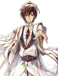 Rule 34 | 1boy, bad id, bad pixiv id, brown hair, code geass, hair between eyes, highres, kubird meme, lelouch vi britannia, long sleeves, looking at viewer, male focus, outstretched arm, parted lips, purple eyes, short hair, simple background, solo, standing, white background