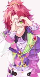 Rule 34 | 1boy, bangs pinned back, blush, buttons, closed mouth, collared shirt, commentary, ensemble stars!, gem, green eyes, grey background, hands up, heart, heart hands, isara mao, kwanmaengg, long sleeves, looking at viewer, male focus, multicolored clothes, one eye closed, red hair, shirt, short hair, simple background, solo, symbol-only commentary