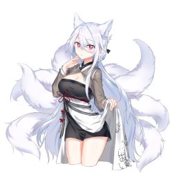 Rule 34 | 1girl, animal ear fluff, animal ears, black dress, breasts, cleavage, closers, cropped legs, dress, extra ears, fox ears, fox girl, fox tail, hair between eyes, hand up, kitsune, kyuubi, large breasts, long hair, long sleeves, looking at viewer, mirae (closers), multiple tails, nanaya (nnytwr), red eyes, shrug (clothing), sidelocks, simple background, solo, tail, thighs, very long hair, white background, white hair