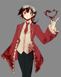 Rule 34 | 1girl, 1other, black pants, blood, blood on clothes, bow, coat, collared shirt, cowboy shot, employee (project moon), frilled coat, frills, grey background, hair bow, hand up, heart, huabudong, index finger raised, lobotomy corporation, long sleeves, looking at viewer, low ponytail, necktie, pants, project moon, red bow, red coat, red necktie, shirt, simple background, solo, white shirt