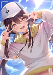 Rule 34 | 1girl, absurdres, alternate costume, baseball cap, battery indicator, black choker, black nails, blush, boo tao (genshin impact), brown hair, choker, commentary, contemporary, day, double w, drawstring, english commentary, flower-shaped pupils, flower choker, genshin impact, hair between eyes, hands up, hat, highres, hood, hoodie, hu tao (genshin impact), korean commentary, long hair, long sleeves, looking at viewer, mixed-language commentary, nail polish, open mouth, red eyes, solo, symbol-shaped pupils, veca, viewfinder, w, white hat, white hoodie, yellow hood