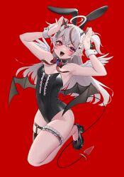 Rule 34 | 1girl, absurdres, ahoge, angel wings, animal ear hairband, animal ears, armpits, bitaro, black bow, black collar, black footwear, black leotard, blue brooch, bow, breasts, cleavage, collar, demon horns, demon tail, demon wings, detached collar, double-parted bangs, dyed bangs, fake animal ears, fang, full body, garter straps, hair bow, hair ornament, hairband, hairclip, heart, heart tail, high heels, highleg, highleg leotard, highres, horns, leotard, long hair, looking at viewer, multicolored hair, phase connect, platform footwear, platform heels, playboy bunny, pointy ears, rabbit ears, red background, red bow, red eyes, red hair, remilia nephys, short twintails, sidelocks, single garter strap, single thighhigh, skin fang, small breasts, tail, thighhighs, twintails, two-tone hair, white hair, white wrist cuffs, wings, wrist cuffs