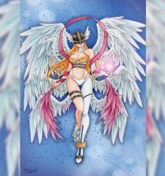Rule 34 | 1girl, angel, angel girl, angewomon, belt, breasts, clothing cutout, curvy, digimon, digimon (creature), highres, large breasts, lips, long hair, mask, navel cutout, revealing clothes, very long hair, wide hips, wings