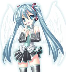 Rule 34 | 1girl, blue eyes, blue hair, hatsune miku, headphones, highres, long hair, matching hair/eyes, skirt, solo, sumikaze, thighhighs, twintails, vocaloid, wings