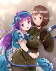 Rule 34 | 2girls, asamiya athena, breasts, brown eyes, brown hair, choker, closed mouth, gloves, hairband, highres, holding, holding whip, long hair, looking at viewer, military, military uniform, multiple girls, open mouth, purple eyes, purple hair, short hair, smile, snk, the king of fighters, uniform, whip, whip (kof)