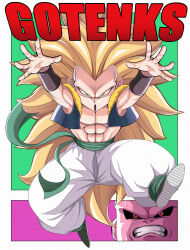 Rule 34 | 2boys, abs, act (act 1113), arms up, baggy pants, black sclera, blonde hair, boots, border, bracer, character name, clenched teeth, colored sclera, colored skin, commentary request, dragon ball, dragonball z, full body, gotenks, green background, green eyes, green footwear, green sash, highres, long hair, looking at viewer, majin buu, male focus, metamoran vest, multiple boys, muscular, muscular male, no eyebrows, open clothes, open mouth, open vest, outside border, pants, pink background, pink skin, red eyes, sash, simple background, spiked hair, super buu, super saiyan, super saiyan 3, teeth, v-shaped eyebrows, vest, white border, white pants
