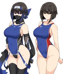 Rule 34 | 1girl, absurdres, bare arms, bare shoulders, black hair, black scarf, black thighhighs, blue one-piece swimsuit, breasts, bridal gauntlets, brown eyes, closed mouth, collarbone, commentary request, competition swimsuit, covered navel, cowboy shot, forehead protector, groin, hair between eyes, halcon, hand on own hip, highleg, highleg swimsuit, highres, large breasts, legs together, light smile, looking at viewer, mask, mouth mask, multiple views, ninja, ninja mask, one-piece swimsuit, original, pink eyes, scarf, short hair, sidelocks, simple background, standing, swimsuit, thighhighs, variations, white background