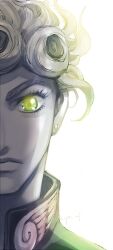 Rule 34 | 1boy, blonde hair, curly hair, earrings, giorno giovanna, glowing, glowing eye, green eyes, jewelry, jojo no kimyou na bouken, merumeru626, muted color, out of frame, portrait, solo, vento aureo, wing ornament