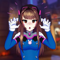 Rule 34 | 1girl, :o, blurry, blurry background, breasts, brown eyes, brown hair, claw pose, commentary, d.va (overwatch), english commentary, facial mark, gloves, hands up, headphones, highres, long hair, looking at viewer, medium breasts, overwatch, overwatch 1, pilot suit, solo, upper body, v-shaped eyebrows, vickie (cryingrobot), whisker markings, white gloves