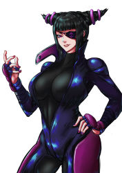 Rule 34 | 1girl, absurdres, biker clothes, bikesuit, black hair, bodysuit, breasts, capcom, dacapo, drill hair, eyepatch, han juri, highres, large breasts, nail polish, solo, street fighter, street fighter v, twin drills, undershirt