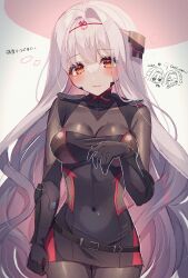 Rule 34 | 1girl, armored bodysuit, black bodysuit, blush, bodysuit, breasts, chibi, chibi inset, closed mouth, goddess of victory: nikke, grey bodysuit, grey hair, halo, highres, holding, holding sword, holding weapon, long hair, looking at viewer, medium breasts, official alternate costume, red eyes, rose (nikke), scarlet (black shadow) (nikke), scarlet (nikke), see-through, shimada (smd dms), smile, solo, squiggle, sword, very long hair, weapon