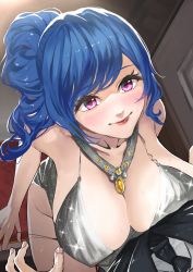 Rule 34 | 1boy, 1girl, azur lane, backless dress, backless outfit, bare shoulders, black jacket, black neckwear, black panties, blue hair, breasts, cleavage, collared shirt, commentary request, dress, evening gown, formal, from above, grey dress, halter dress, halterneck, highres, huge breasts, indoors, jacket, jewelry, necklace, ootani nonno, panties, panty pull, pink eyes, plunging neckline, pov, revealing clothes, shirt, side ponytail, sidelocks, silver dress, smile, st. louis (azur lane), st. louis (luxurious wheels) (azur lane), suit, thighs, underwear, white shirt