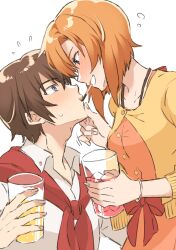 1boy 1girl aged_up assertive_female blue_eyes blush bracelet breasts brown_hair collarbone collared_shirt cup dress drink drinking_glass drunk food food_in_mouth hair_between_eyes hand_on_another&#039;s_chin hetero highres higurashi_no_naku_koro_ni holding ice ice_cube jewelry ka_(kajikajikk) long_bangs long_sleeves looking_at_another maebara_keiichi medium_breasts official_alternate_costume orange_hair orange_sweater parted_bangs pocky pocky_in_mouth pocky_kiss ryuuguu_rena shared_food shirt short_hair sidelocks simple_background smile sweatdrop sweater white_background white_shirt