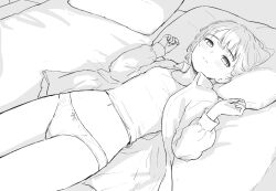 Rule 34 | 1girl, akipeko, bed, bed sheet, blush, bow, bow panties, breasts, camisole, looking at viewer, lying, monochrome, navel, on back, open clothes, open shirt, original, panties, pillow, shirt, short hair, sketch, small breasts, spot color, thighs, underwear