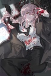 Rule 34 | 1girl, belt, black jacket, black necktie, black pants, blood, blood on clothes, blood on face, blood on hands, blood splatter, braid, braided ponytail, business suit, chainsaw man, collared shirt, formal, high-waist pants, hitokoto, jacket, looking to the side, lying, makima (chainsaw man), medium hair, necktie, neckwear request, on back, open clothes, open jacket, open mouth, pants, pink hair, shirt, shirt tucked in, short hair, solo, suit, white shirt, yellow eyes