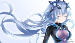Rule 34 | 10s, 1girl, :3, artist name, blue hair, blush, bodysuit, breasts, closed eyes, dated, emblem, female focus, floating hair, from side, gradient background, hair ornament, headgear, keenh, large breasts, long hair, magical girl, neptune (neptunia), neptune (series), next purple, purple hair, purple heart (neptunia), shin jigen game neptune vii, signature, skin tight, solo, turtleneck, upper body, very long hair, watermark, web address