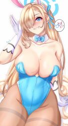 Rule 34 | 1girl, animal ears, anisdrawn, asuna (blue archive), bare shoulders, blonde hair, blue archive, blue bow, blue bowtie, blue eyes, blue leotard, blush, bow, bowtie, breasts, cleavage, commentary, cowboy shot, detached collar, fake animal ears, gloves, grin, groin, hand up, head tilt, highres, large breasts, leotard, long hair, looking at viewer, nontraditional playboy bunny, nose blush, pantyhose, rabbit ears, simple background, smile, solo, strapless, strapless leotard, thighband pantyhose, thighs, very long hair, white background, white gloves