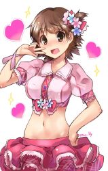 Rule 34 | 1girl, :d, artist name, blush, breasts, brown eyes, brown hair, buttons, collared shirt, cosplay, cowboy shot, crop top, eyebrows, hand on own hip, hand up, heart, honda mio, hug, idolmaster, idolmaster cinderella girls, large breasts, layered skirt, midriff, navel, nose blush, one side up, open mouth, paopao, pink shirt, pink skirt, puffy short sleeves, puffy sleeves, shimamura uzuki, shimamura uzuki (cosplay), shiny skin, shirt, short hair, short sleeves, simple background, skirt, smile, solo, stomach, sweat, sweatdrop, trembling, v, wavy mouth, white background, wristband