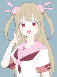 Rule 34 | 1girl, absurdres, bad id, bad twitter id, bandages, blush, collarbone, donguri suzume, fang, heart, highres, light brown hair, long hair, looking at viewer, natori sana, open mouth, red eyes, sailor collar, sana channel, school uniform, serafuku, short sleeves, solo, two side up, v, virtual youtuber