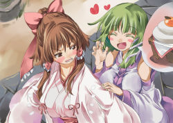 Rule 34 | 2girls, ^ ^, blush, blush stickers, bow, breasts, brown eyes, brown hair, closed eyes, detached sleeves, closed eyes, female focus, frog hair ornament, green hair, hair bow, hair ornament, hair tubes, hakurei reimu, heart, huge breasts, japanese clothes, kagami mochi, kochiya sanae, miko, multiple girls, open mouth, scowl, sidelocks, smile, snake hair ornament, touhou, yohane