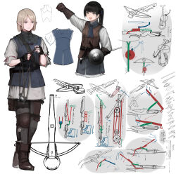 Rule 34 | 2girls, absurdres, belt, black gloves, black hair, blonde hair, blue neckerchief, blueprint (object), bolt, boots, bow (weapon), brown footwear, brown gloves, buckler, clenched hand, crossbow, dagger, european clothes, fingerless gloves, full body, gloves, green eyes, grey eyes, hair tie, highres, holding, holding shield, how to, knee pads, knife, leather, leather belt, leather gloves, long sleeves, medieval, multiple girls, neckerchief, open mouth, original, pointy ears, ponytail, pouch, raised fist, rampart1028, shield, short hair, sidelocks, simple background, single knee pad, standing, sword, thigh pouch, tied sleeves, upper body, weapon, white background