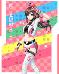 Rule 34 | 1girl, absurdres, black shirt, blonde hair, breasts, character name, cleavage cutout, clothing cutout, commentary, cropped shirt, english commentary, fingerless gloves, gloves, green hair, hair ribbon, highres, imrinzlergtz art, jacket, kizuna ai, kizuna ai inc., lace, lace-trimmed thighhighs, medium breasts, midriff, multicolored hair, navel, pink gloves, pink hair, pink shorts, ponytail, race queen, ribbon, shirt, shorts, smile, solo, streaked hair, thighhighs, v, virtual youtuber, white jacket, white thighhighs