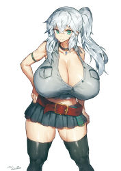Rule 34 | 1girl, aqua eyes, armband, bare shoulders, belt, belt buckle, black collar, black thighhighs, breast pocket, breasts, brown belt, buckle, cleavage, closed mouth, collar, collarbone, commentary request, crop top, crossed bangs, grey shirt, hair between eyes, hand on own hip, highres, huge breasts, legs apart, long hair, looking at viewer, loose belt, melon22, midriff, miniskirt, navel, original, partially unbuttoned, pleated skirt, pocket, ponytail, shiny clothes, shiny skin, shirt, sidelocks, signature, silver hair, simple background, skirt, sleeveless, sleeveless shirt, smile, solo, standing, thighhighs, white background, wing collar