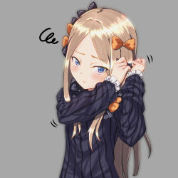 Rule 34 | 1girl, abigail williams (fate), absurdres, adjusting bow, arms up, black bow, black dress, blue eyes, blush, boushiya (hatter), bow, closed mouth, commentary request, dress, fate/grand order, fate (series), forehead, grey background, hair bow, highres, light brown hair, long hair, long sleeves, looking at viewer, no headwear, orange bow, parted bangs, print bow, simple background, solo, squiggle, star (symbol), star print, upper body, very long hair