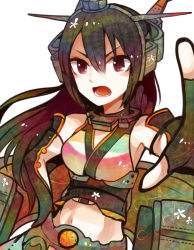Rule 34 | 10s, 1girl, :d, black hair, breasts, fingerless gloves, gloves, itomugi-kun, kantai collection, large breasts, long hair, looking at viewer, midriff, nagato (kancolle), navel, open mouth, outstretched arm, personification, red eyes, smile, solo, white background